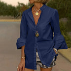 Blouse Office Arm - V Button Flare Up White Neck