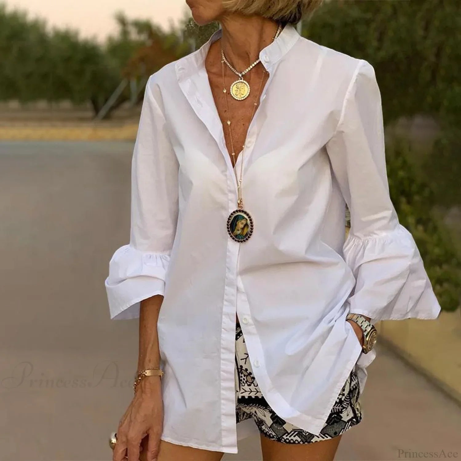 Blouse Office Arm - V Button Flare Up White Neck