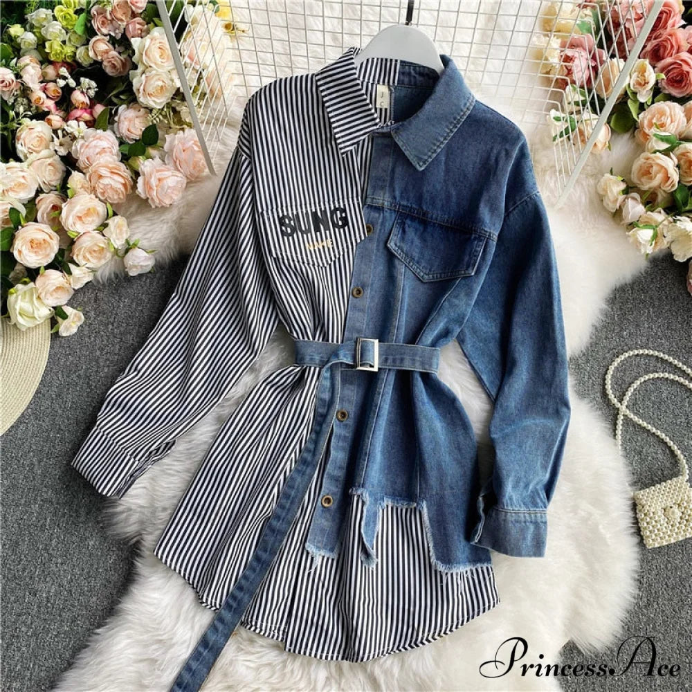Blouse Patchwork - Plaid Jeans Long With Autumn Arm Elegant Design Slim Dress