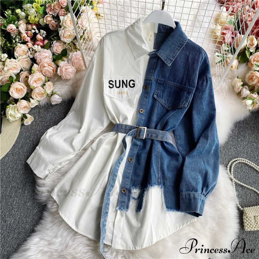 Blouse Patchwork - Plaid Jeans Long With Autumn Arm Elegant Design Slim Dress