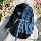 Blouse Patchwork - Plaid Jeans Long With Autumn Arm Elegant Design Slim Dress