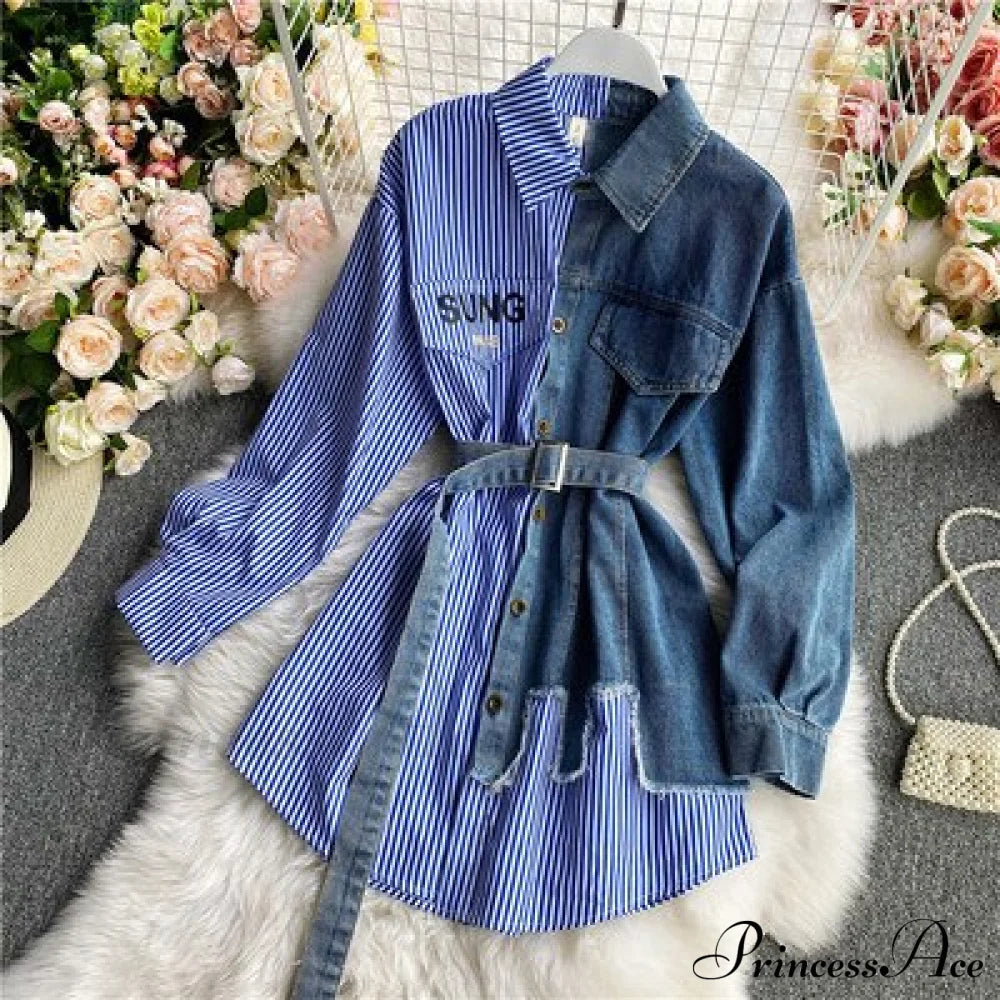 Blouse Patchwork - Plaid Jeans Long With Autumn Arm Elegant Design Slim Dress