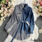 Blouse Patchwork - Plaid Jeans Long With Autumn Arm Elegant Design Slim Dress