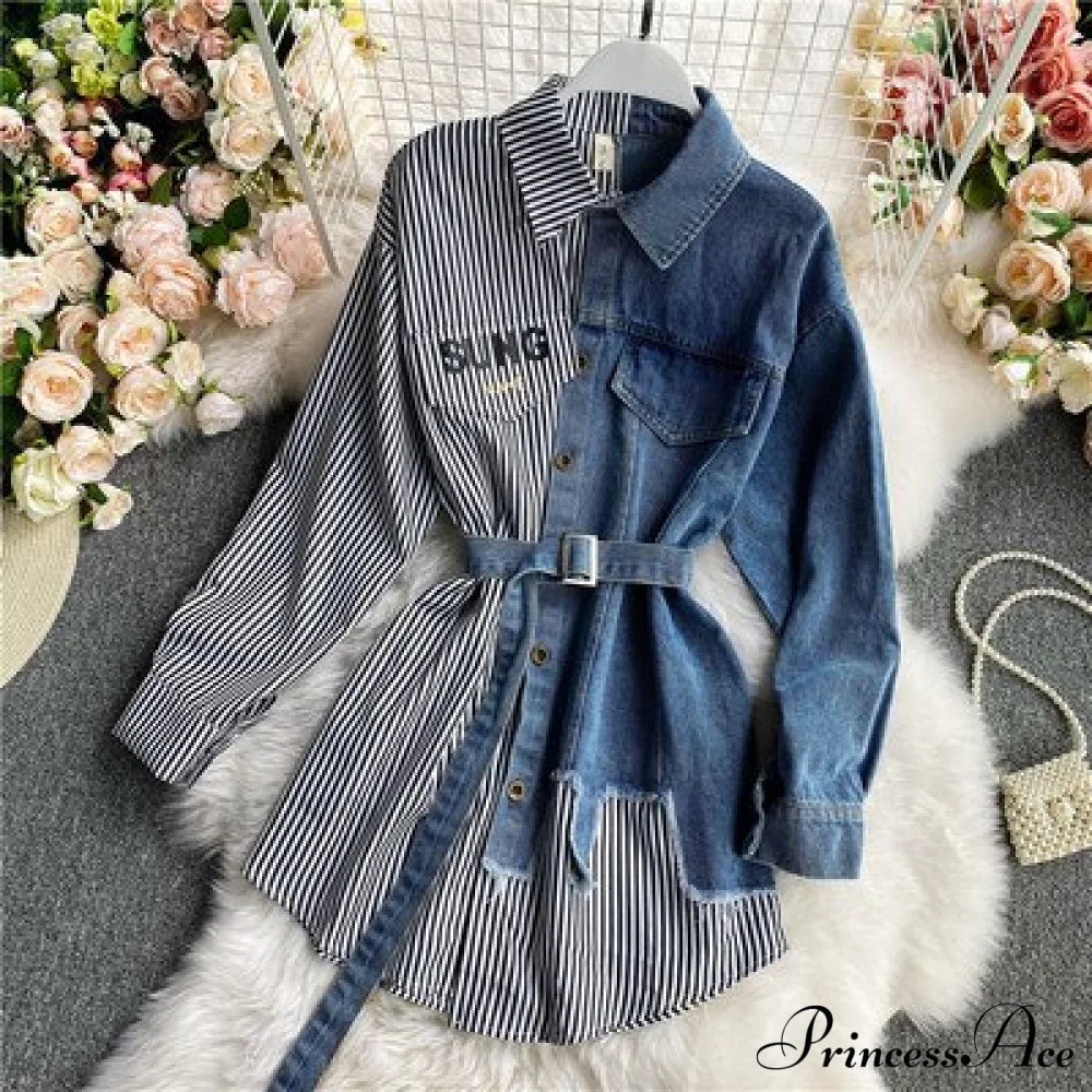 Blouse Patchwork - Plaid Jeans Long With Autumn Arm Elegant Design Slim Dress