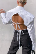 Blouse White Arm Shoulder Long Backless With Up Lace Pads