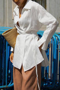 Blouse White Slit With Long Lace Cotton Up Sleeves