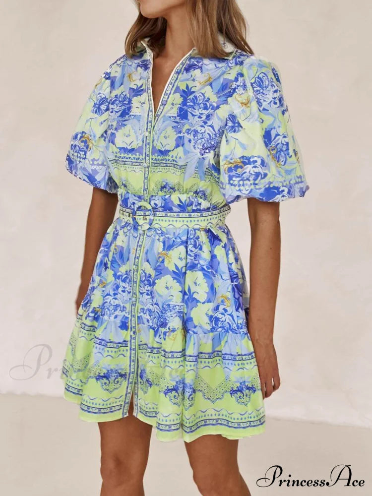 Blue And Yellow Charming Floral Print Mini Dress