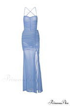 Blue Backless Side Split Dress With Ruched Detail