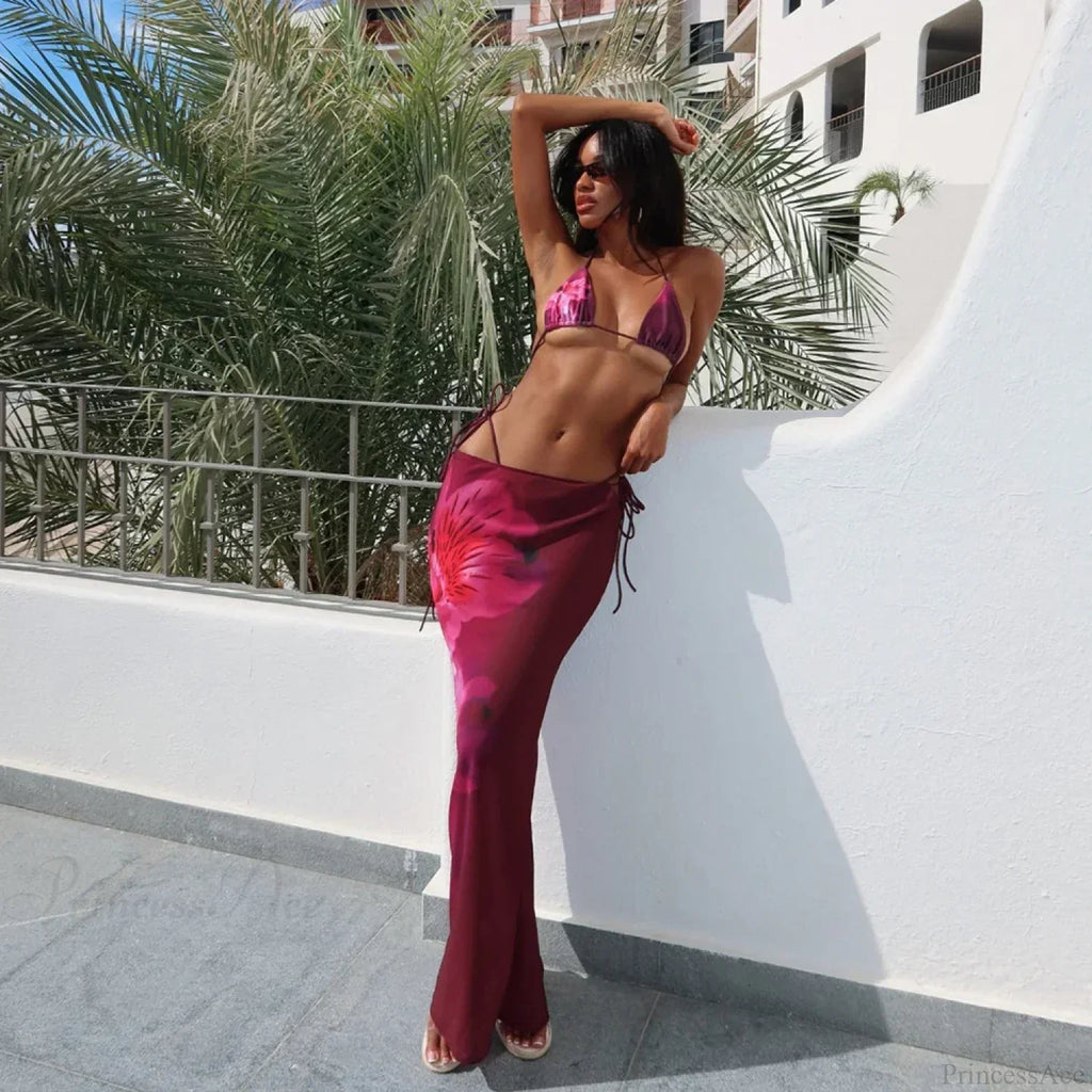 Blue Floral Bikini Three Piece Swimsuit