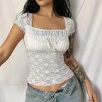 Blue Floral Lace Milkmaid Y2K Crop Top