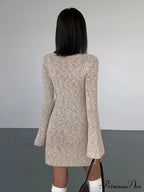Bodycon V-Neck Long Trendy Sleeve Mini Knit Dress