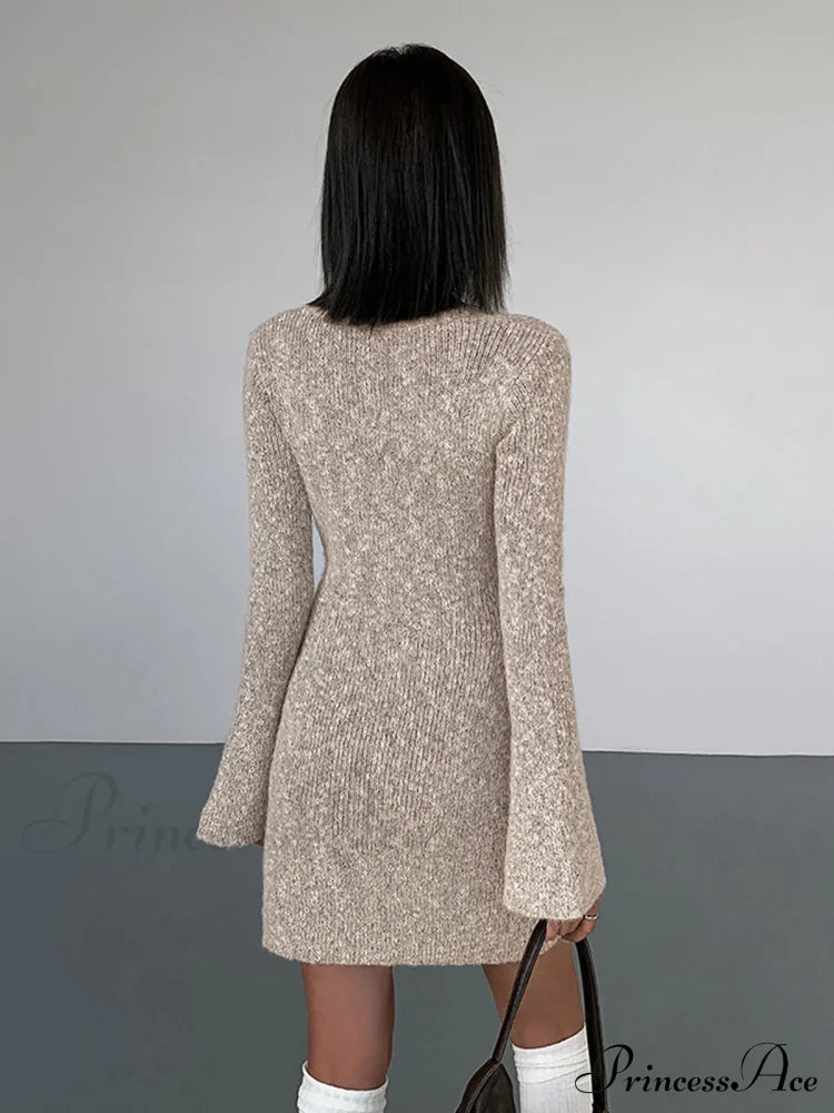 Bodycon V-Neck Long Trendy Sleeve Mini Knit Dress