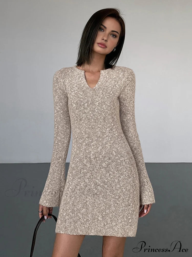 Bodycon V-Neck Long Trendy Sleeve Mini Knit Dress