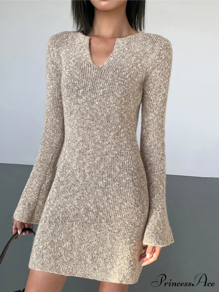 Bodycon V-Neck Long Trendy Sleeve Mini Knit Dress
