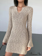 Bodycon V-Neck Long Trendy Sleeve Mini Knit Dress