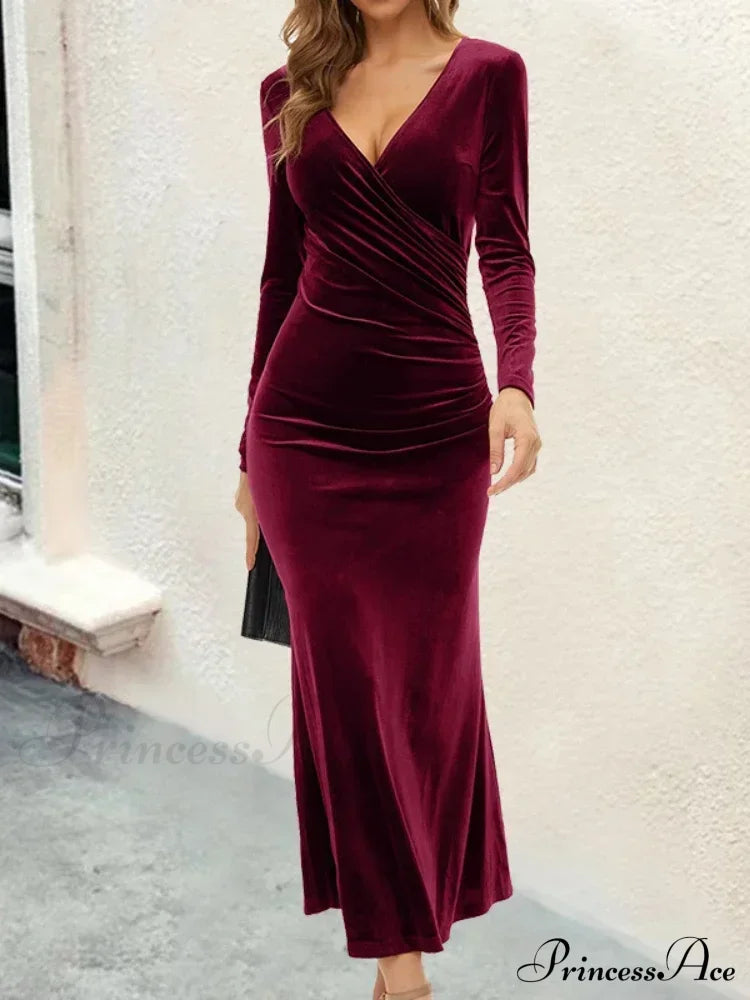 Bodycon V-Neck Wrap Slim Fishtail Evening Maxi Dress