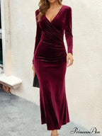 Bodycon V-Neck Wrap Slim Fishtail Evening Maxi Dress