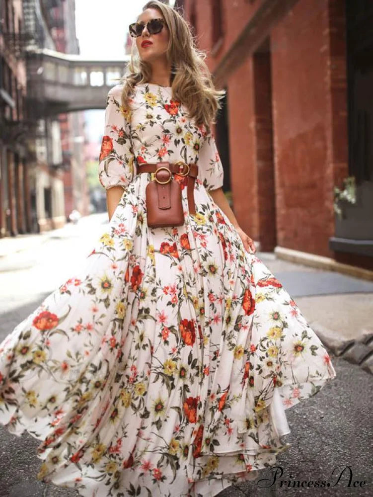 Bohemia Gown Full-Length Neck Half With Round And Flowered Sleeves Boho Dress
