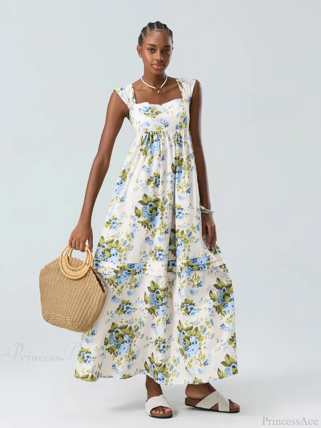 Bohemian Floral Tank Back Tied Square Neck Ruffle Flowy Dress