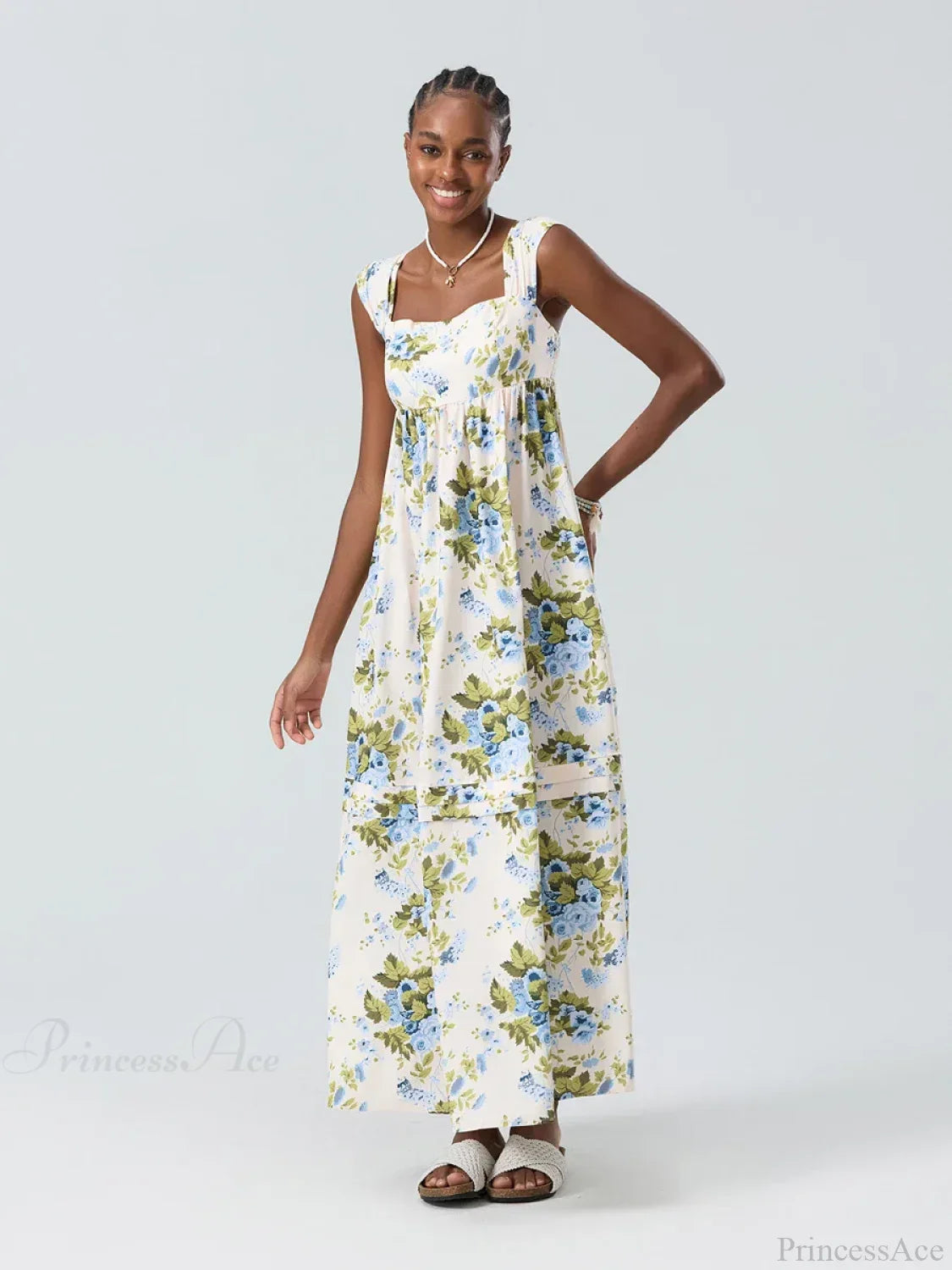 Bohemian Floral Tank Back Tied Square Neck Ruffle Flowy Dress