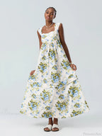 Bohemian Floral Tank Back Tied Square Neck Ruffle Flowy Dress