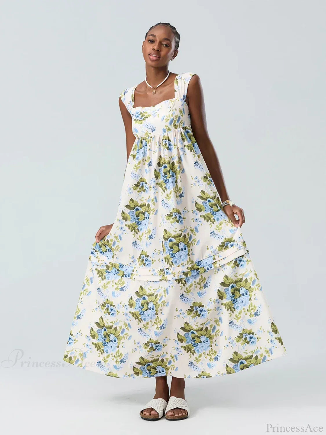 Bohemian Floral Tank Back Tied Square Neck Ruffle Flowy Dress