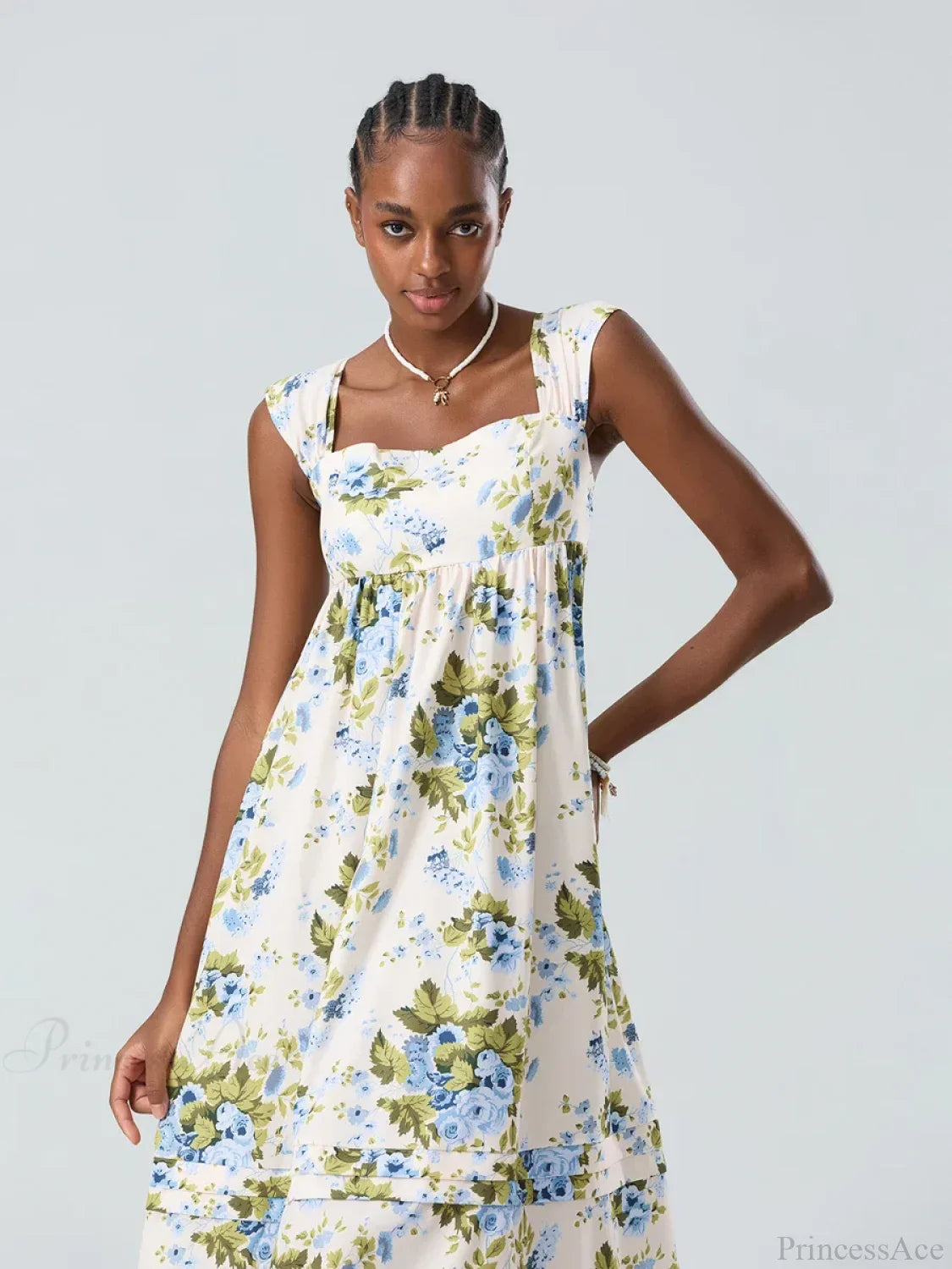 Bohemian Floral Tank Back Tied Square Neck Ruffle Flowy Dress