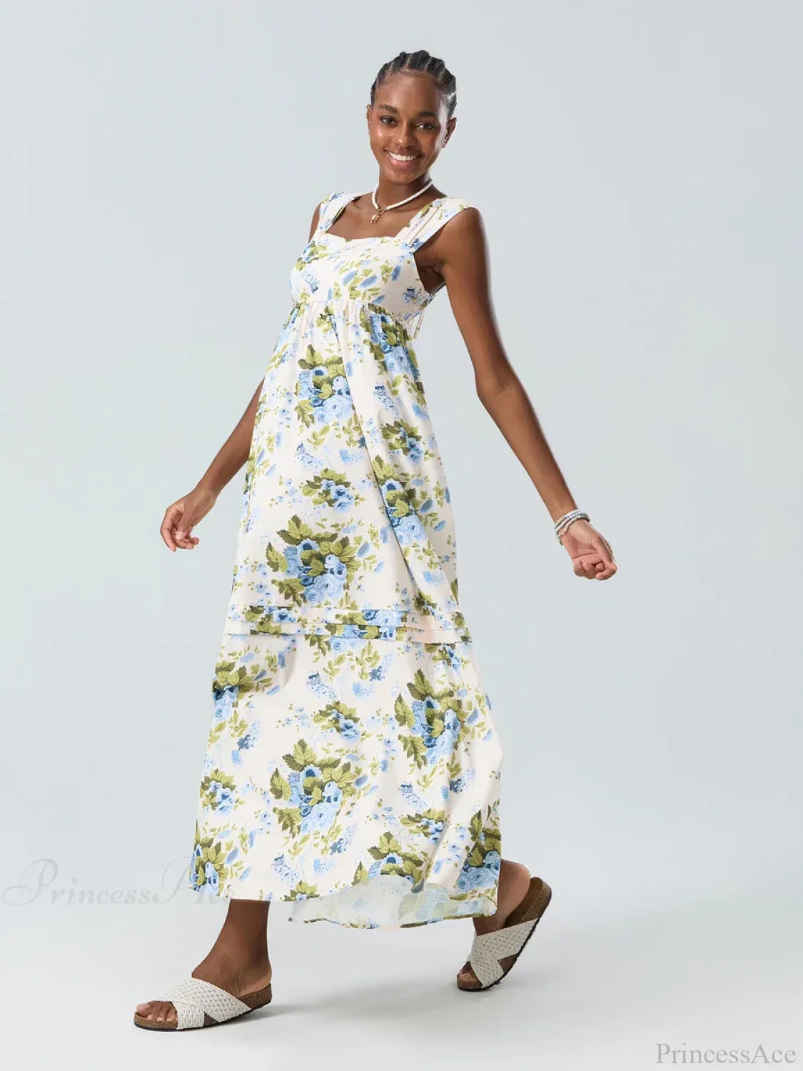 Bohemian Floral Tank Back Tied Square Neck Ruffle Flowy Dress