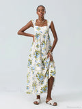 Bohemian Floral Tank Back Tied Square Neck Ruffle Flowy Dress