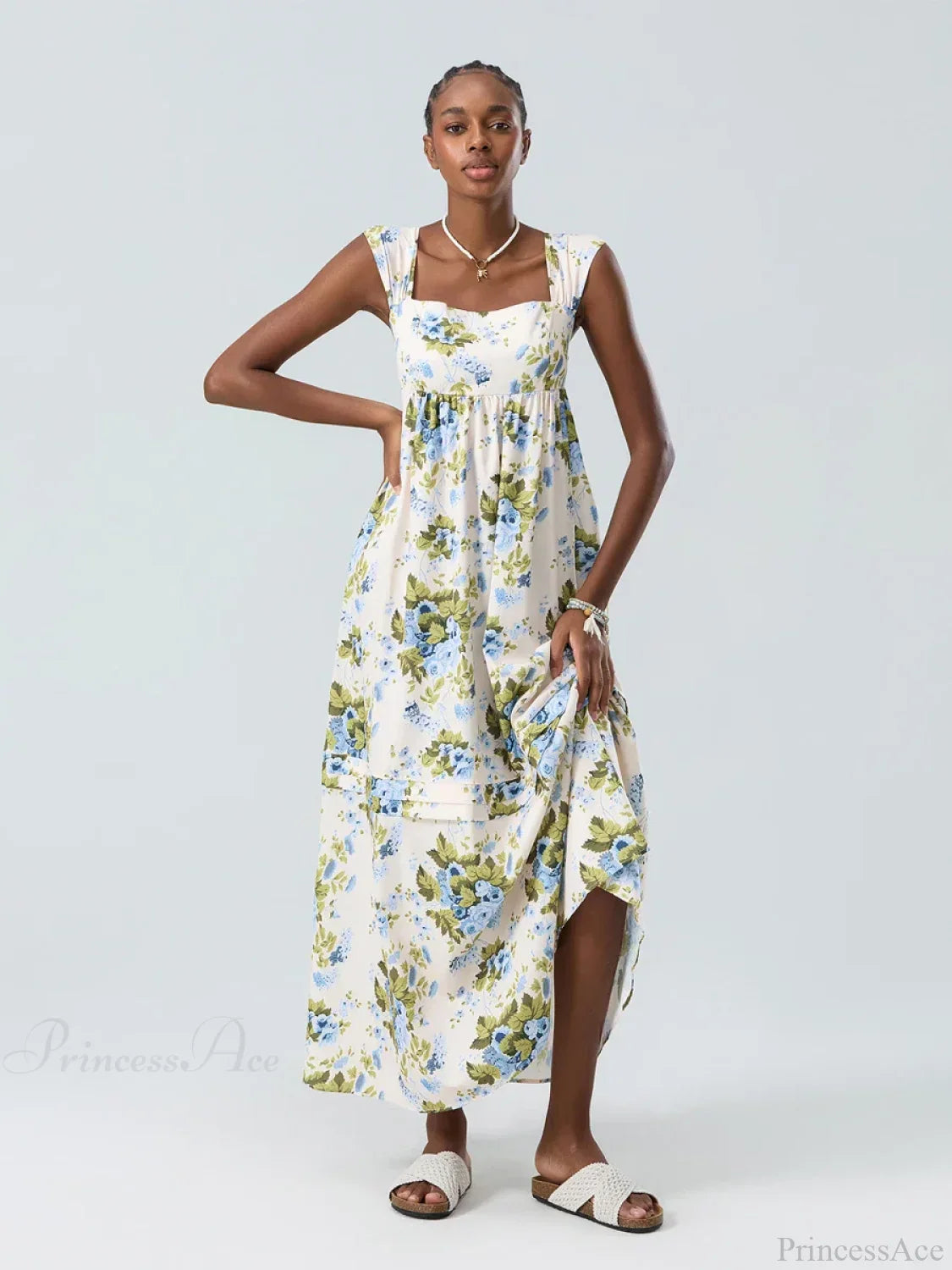 Bohemian Floral Tank Back Tied Square Neck Ruffle Flowy Dress