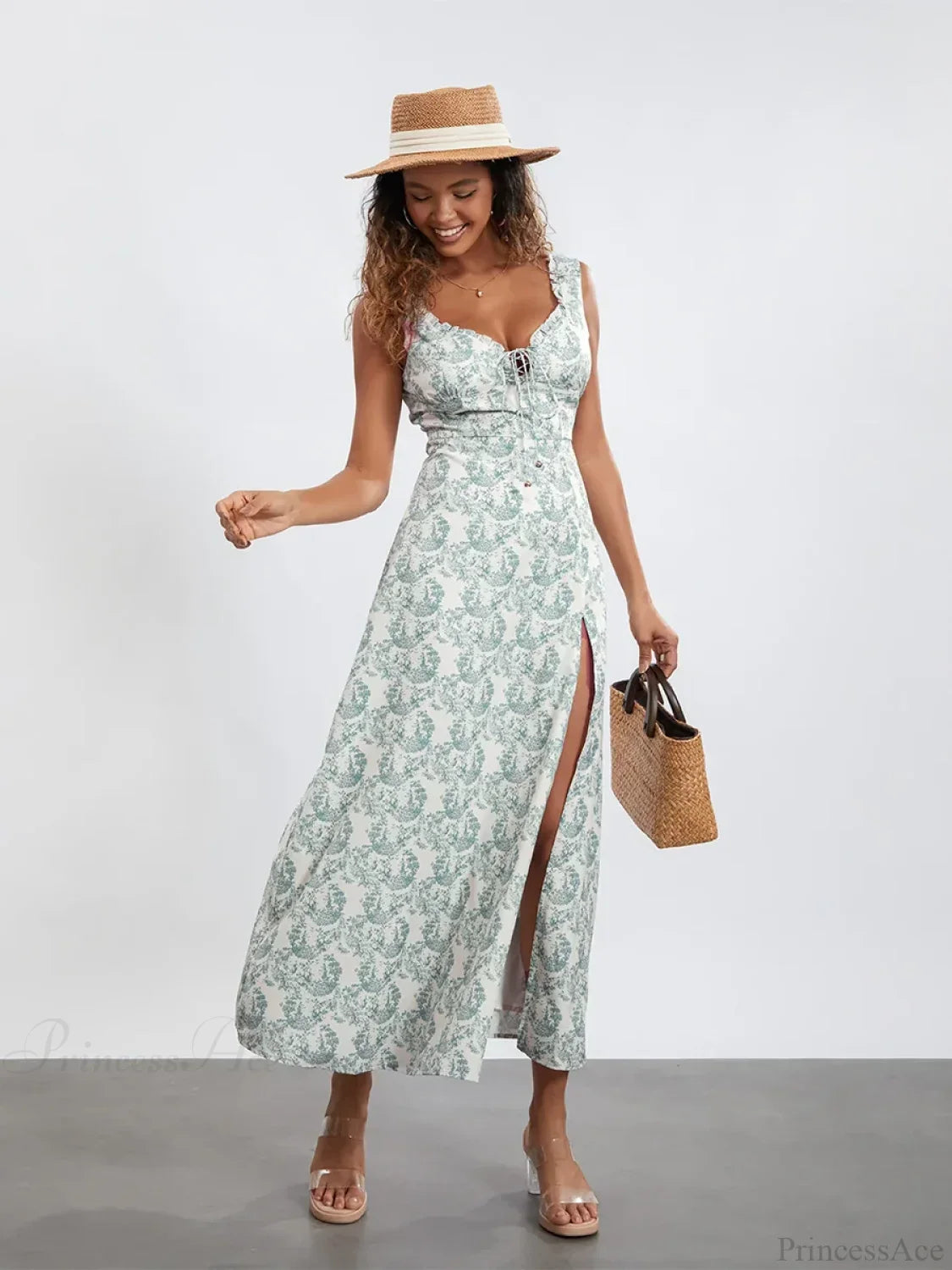 Bohemian Floral Tank Dress Sleeveless Ruffled Tie-Up Sweetheart