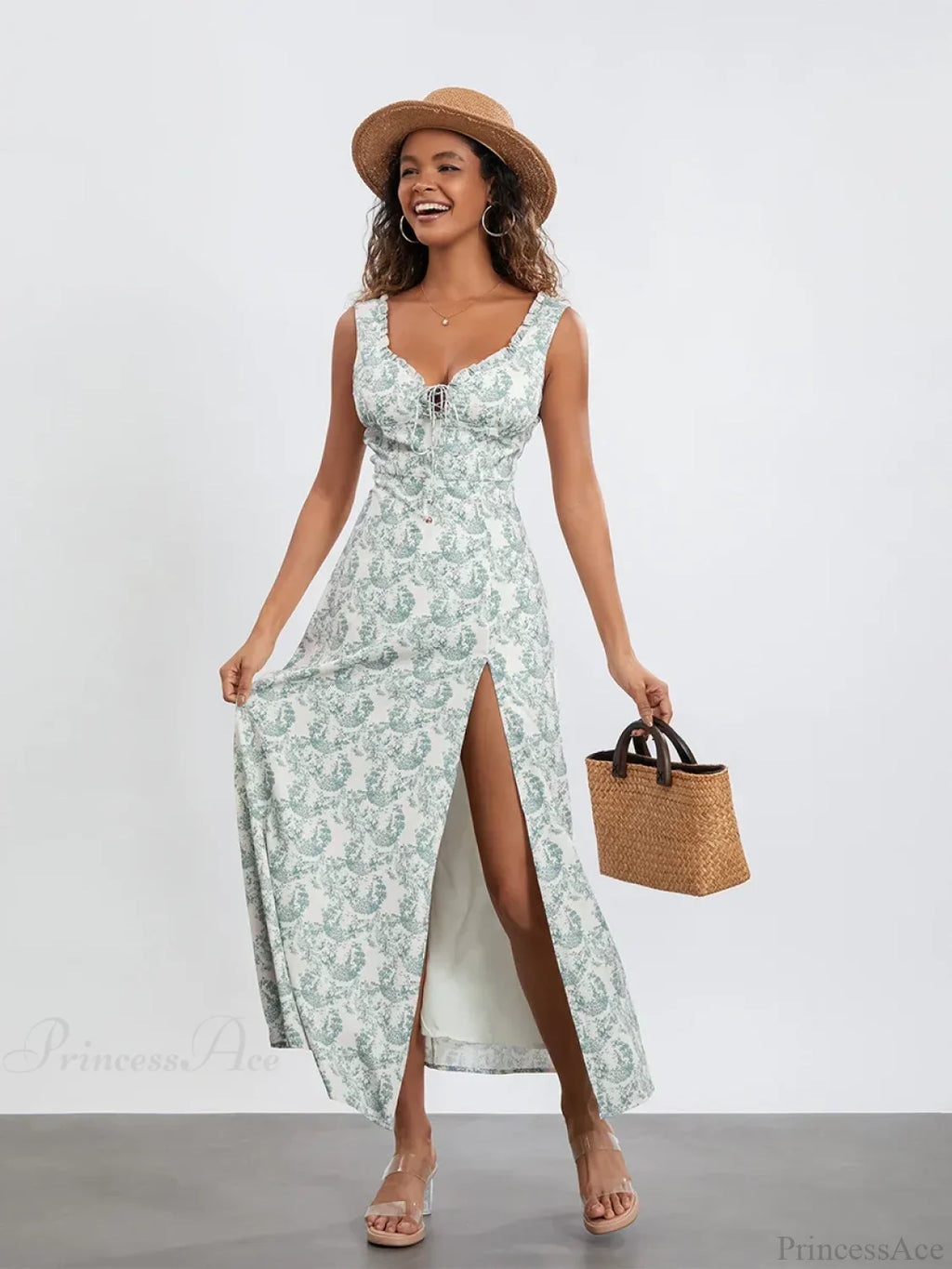 Bohemian Floral Tank Dress Sleeveless Ruffled Tie-Up Sweetheart