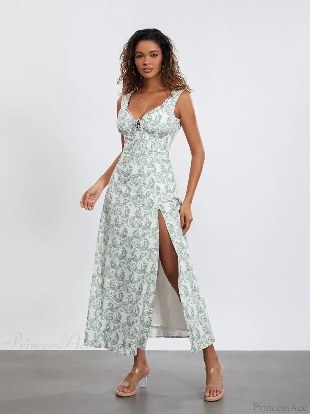 Bohemian Floral Tank Dress Sleeveless Ruffled Tie-Up Sweetheart