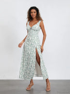 Bohemian Floral Tank Dress Sleeveless Ruffled Tie-Up Sweetheart