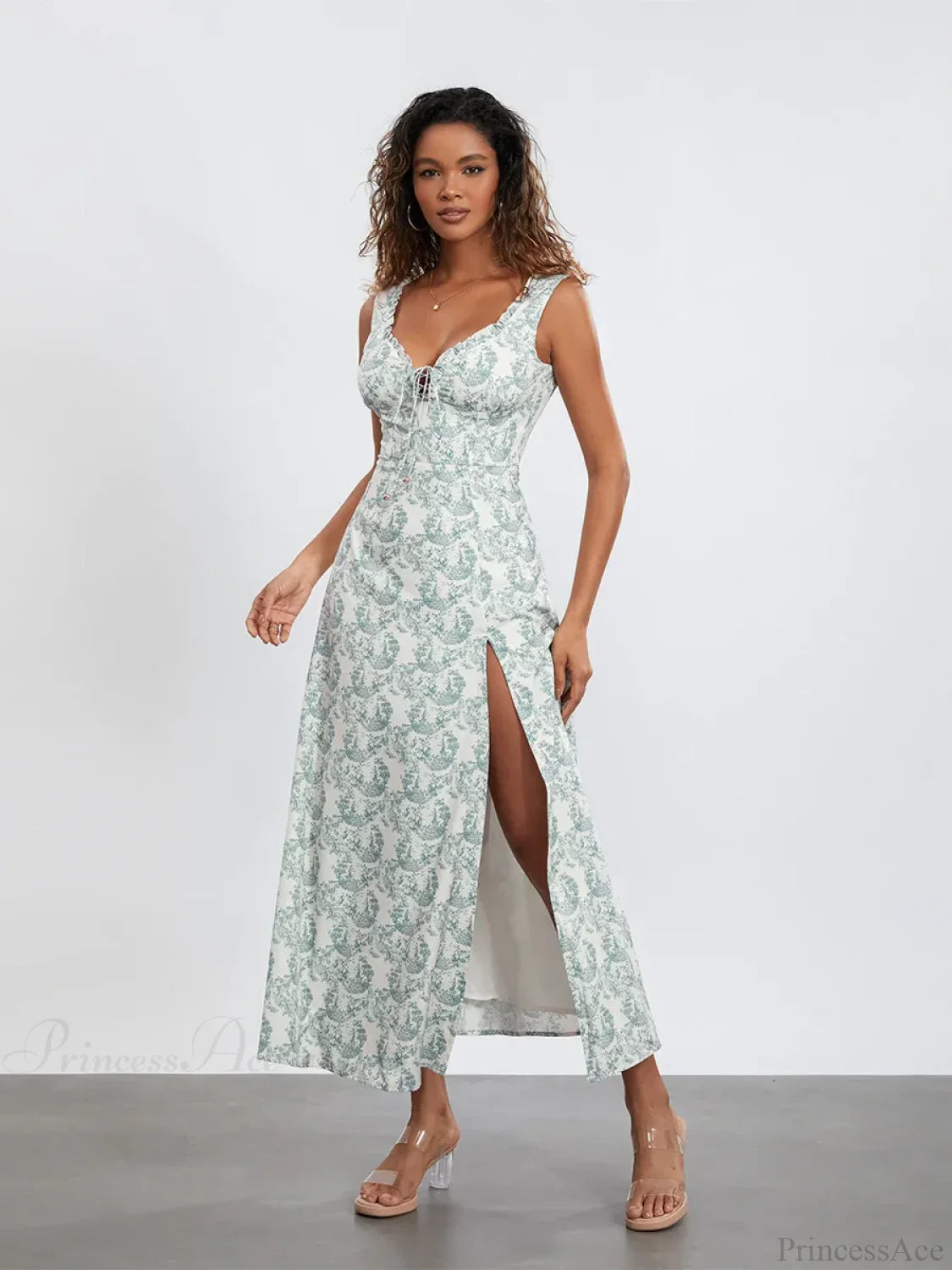 Bohemian Floral Tank Dress Sleeveless Ruffled Tie-Up Sweetheart