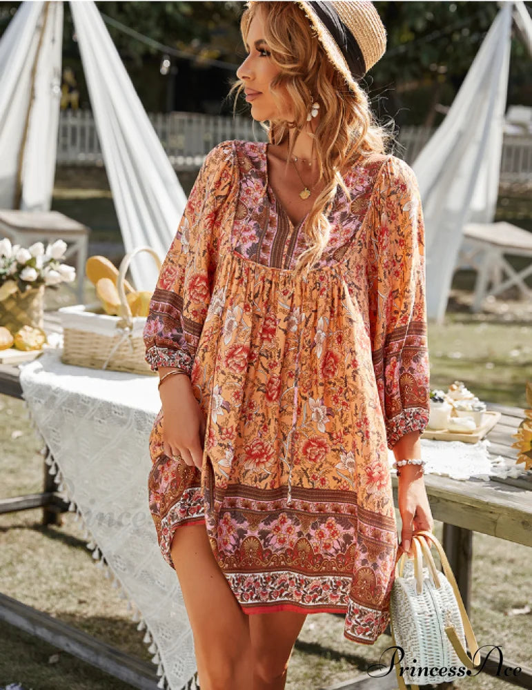 Boho Beach Dress Vintage Printed Mini Casual 3/4 Sleeve Loose Elegant