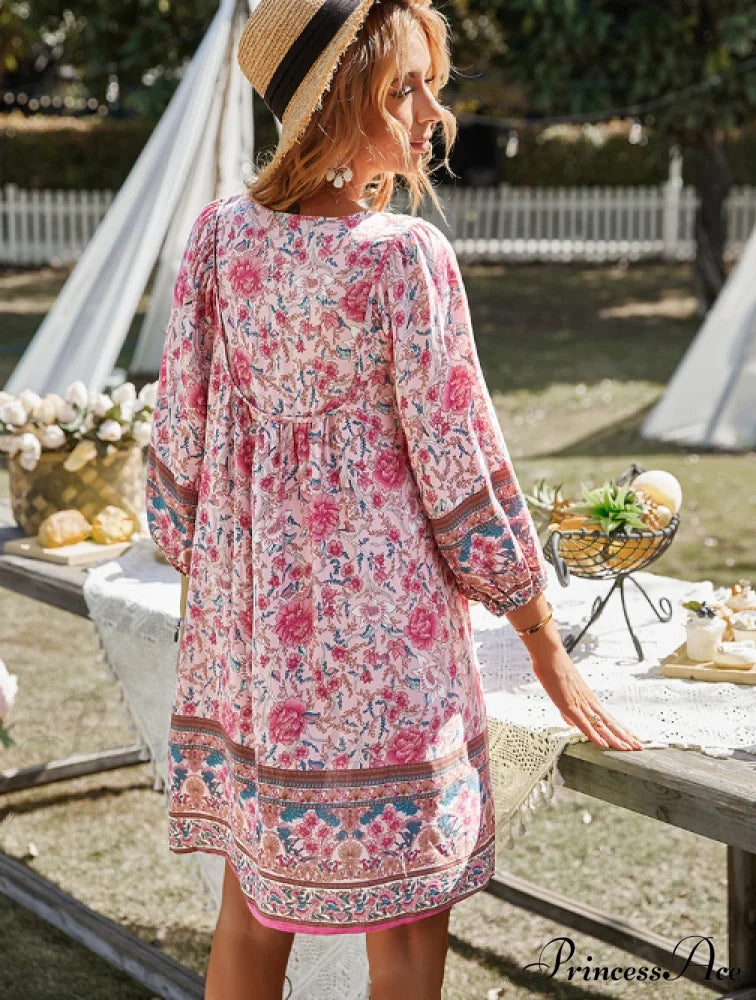 Boho Beach Dress Vintage Printed Mini Casual 3/4 Sleeve Loose Elegant
