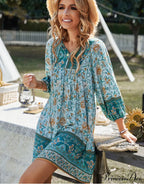 Boho Beach Dress Vintage Printed Mini Casual 3/4 Sleeve Loose Elegant