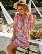 Boho Beach Dress Vintage Printed Mini Casual 3/4 Sleeve Loose Elegant