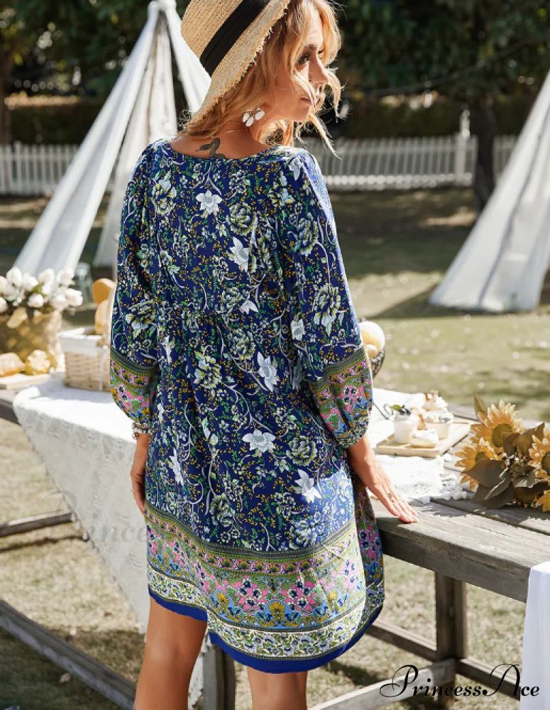 Boho Beach Dress Vintage Printed Mini Casual 3/4 Sleeve Loose Elegant