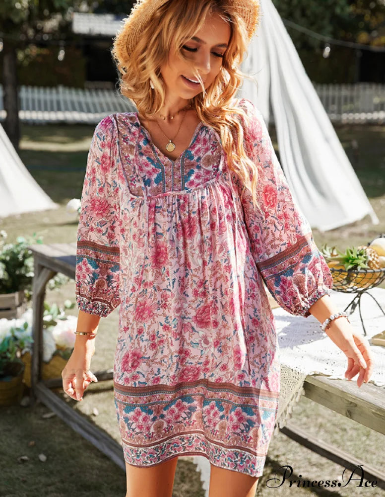 Boho Beach Dress Vintage Printed Mini Casual 3/4 Sleeve Loose Elegant
