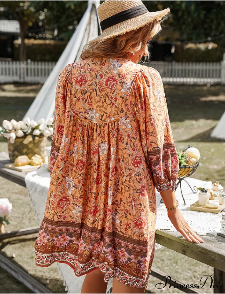 Boho Beach Dress Vintage Printed Mini Casual 3/4 Sleeve Loose Elegant