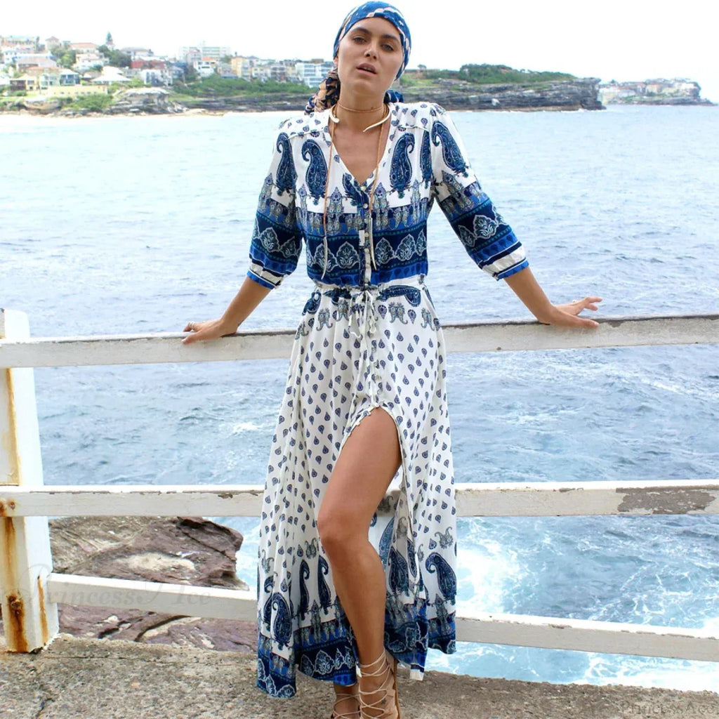 Boho Blue Floral Print V-Neck Drawstring Waist Summer Dress