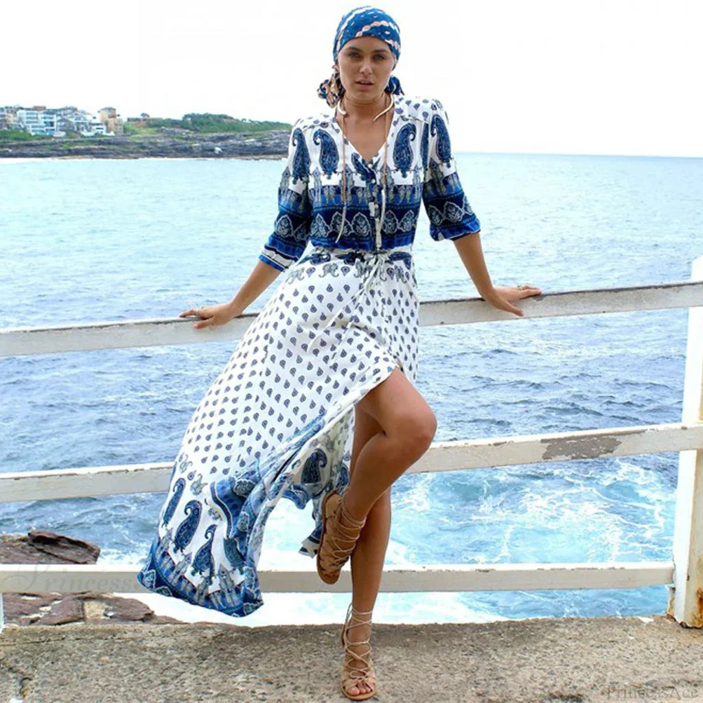 Boho Blue Floral Print V-Neck Drawstring Waist Summer Dress