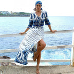 Boho Blue Floral Print V-Neck Drawstring Waist Summer Dress