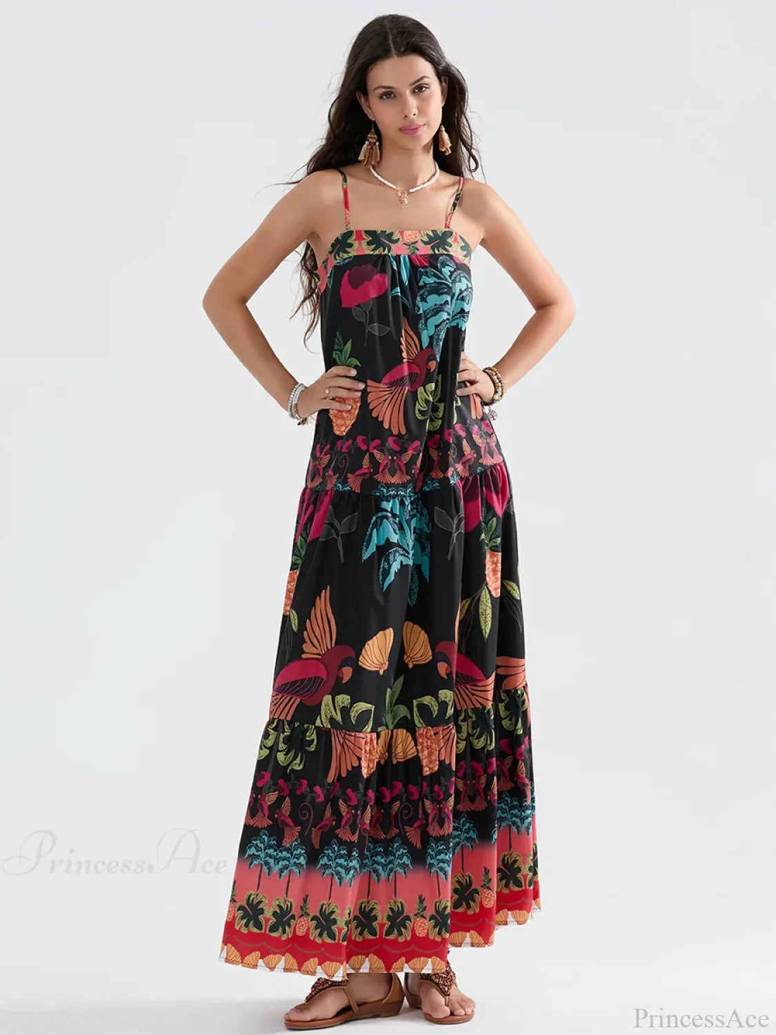 Boho Flowy Leaves Floral Ruched A-Line Dress