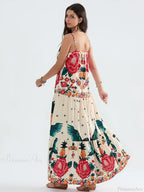Boho Flowy Leaves Floral Ruched A-Line Dress