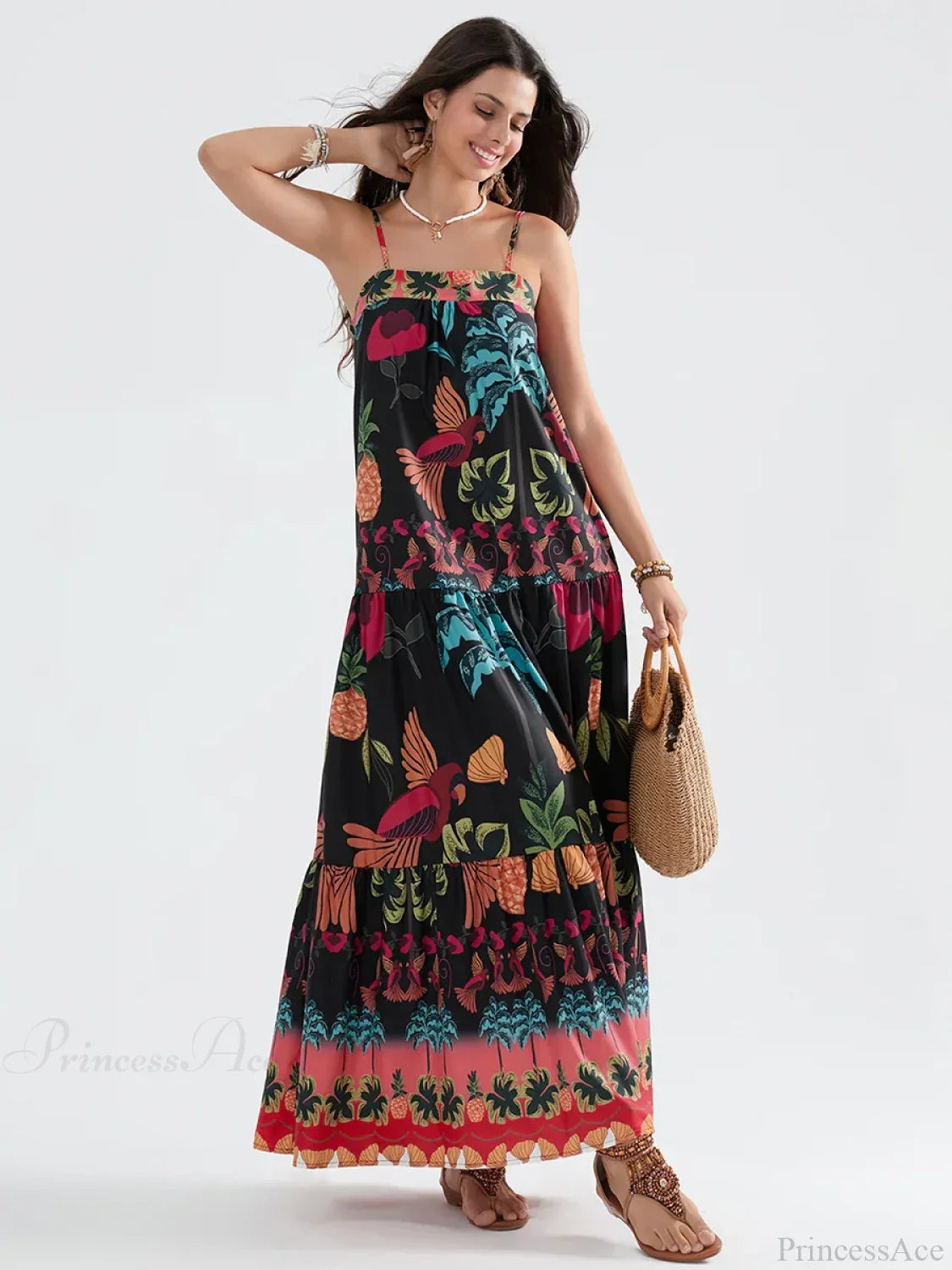 Boho Flowy Leaves Floral Ruched A-Line Dress