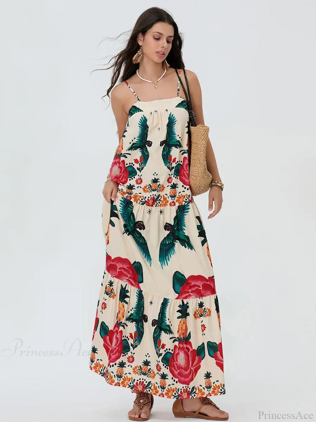 Boho Flowy Leaves Floral Ruched A-Line Dress