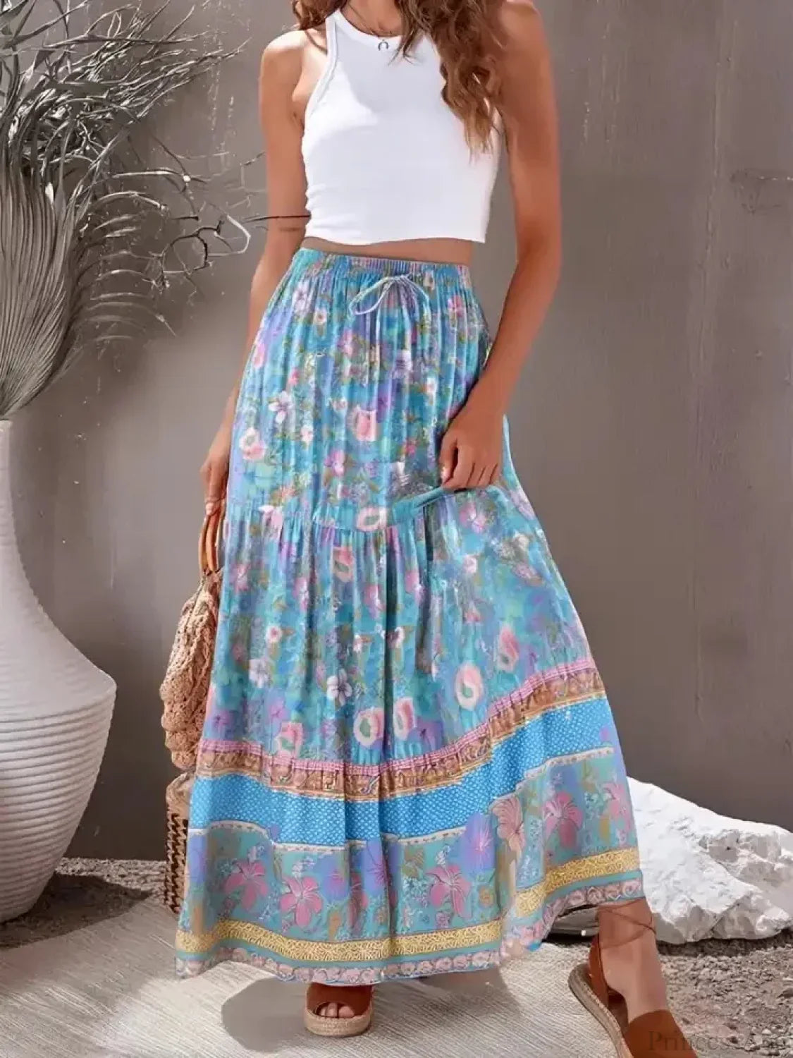 Boho High Waist Viscose Maxi Skirt A-Line Ruffled Floral Print